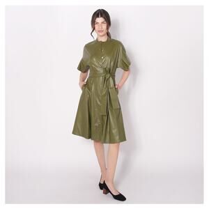 NWT NATORI Faux Leather Belted Utilitarian Dress In Olive Military Green Sz S